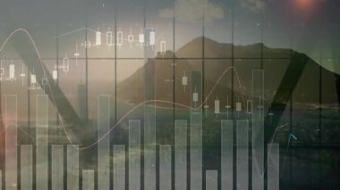 Yükleme çubuklarında yükselen mumlar, ızgara penceresinin üzerindeki kaydırma çizgisi eğilimleri gösteriyor. Finansal, analitik, modern, yatırım, veri görselleştirme, teknoloji, iş