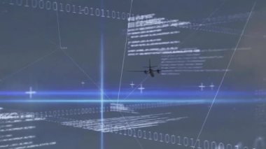 Parlak mavi ışın görünüyor, çift motorlu uçak koridora giriyor, uçuş takip simülasyonunu gösteriyor. Gelecekçi, siber güvenlik, dijital, teknoloji, navigasyon, sanal, veri güdümlü