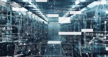 Başlatılan ağ koridor üzerinde kayboluyor, veri çubukları kayıyor, kamera ilerlemesi veri akışını gösteriyor. Teknoloji, siber güvenlik, veri, dijital, yüksek teknoloji, yenilik, fütüristik