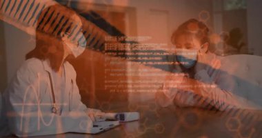 Doktor, hastanın hayati organlarını basınç kelepçesine yerleştiriyor. Hasta dinlerken DNA 'nın örtüldüğünü gösteriyor. Tıbbi, sağlık, teknoloji, tanı, sağlık, yenilik, bilim