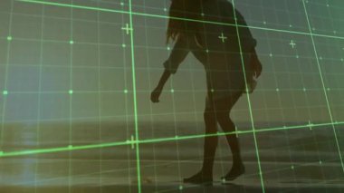 Kumsalda yürüyen bir kadın şebeke teknolojisi ile, deniz kabuğunu yavaşlatıyor, köpek koşuyor. Plaj, gün batımı, dijital, teknoloji, rahatlık, huzur, kıyı şeridi