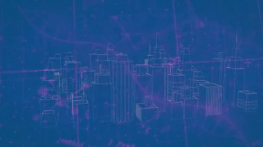 Parlak telli şehir modeli ortaya çıkıyor, baz istasyonları, yüksek teknoloji simülasyonunu takip eden veri akışları. Gelecek, teknoloji, dijital, ağ, soyut, yenilik, altyapı