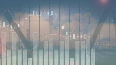Çubuklar ortaya çıkıyor şamdanlar yanıp sönüyor, çizgiler çiziliyor dalgaları takip ediyor, trendleri vurguluyor. Analizler, görselleştirme, modern, teknoloji, finans, veri, dijital