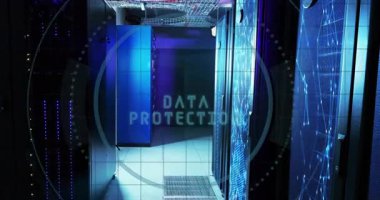DATA PROTECTION metni küçülüyor. Parmak izi taraması başlıyor. Nabız ikonlarını tarıyor, veri topluyor. Siber güvenlik, dijital, fütürist, arayüz, gizlilik, şifreleme, teknoloji