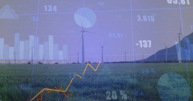 Rüzgar türbinleri çubuk başlatıyor, çizgi çizelgeleri canlandırılıyor, enerji eğilimlerini gösteren sayaçlar güncelleniyor. Yenilenebilir, sürdürülebilirlik, analiz, görselleştirme, çevre, güç