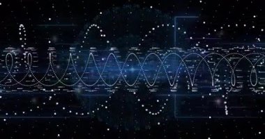 Beyaz parçacıklar ortaya çıkan dalga şeklinde sürükleniyorlar, titreşen halka, veri arayüzünü gösteriyor. Dijital, geleceksel, soyut, teknoloji, veri, arayüz, hareket