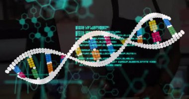 Araştırmacı, DNA sarmal animasyonunu laboratuvar araştırmaları için kaydırma koduyla çalıştırıyor. Moleküler, biyoteknoloji, geleceksel, yenilik, dijital, bilim, teknoloji