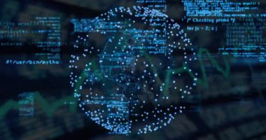 Etkinleştirmeden sonra, dijital küre düğümlerle dönerken kod parçaları gerçek zamanlı veri için kaydırılıyor. Gelecekçi, küresel, ağ, teknoloji, veri, görselleştirme, canlandırma