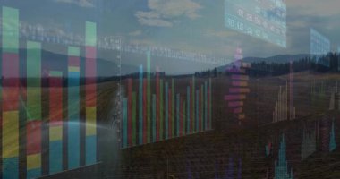 Veri tabloları, çiftlik analitiğini görselleştirirken su püskürterek ve döndürerek dönen kolu ortaya çıkarmak için zayıflıyor. Tarım, hassas tarım, teknoloji, kırsal alan, sürdürülebilirlik, analitik