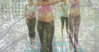 Grup, ahşap zeminde yoga minderlerine basarak fitness dengesi için kartal kolları yapıyor. Farkındalık, esneklik, dinginlik, refah, uyum, egzersiz, sakinlik