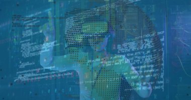 VR kulaklık kullanan Afro-Amerikan kadın sunucu oda çalışanının veri işleme görüntüsü. Bulut hesaplama kavramı dijital olarak oluşturulmuş resim.