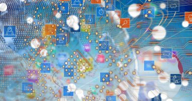 Teknoloji simgeleri, dünya ve mavi arkaplan üzerindeki entegre devre görüntüsü. Ağ, veri işleme ve teknoloji konsepti dijital olarak oluşturuldu.