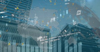 Grafikler, veri işleme, ofis binalarının üzerindeki simgeler. Küresel ağ, veri işleme, finans, iletişim ve teknoloji konsepti dijital olarak oluşturuldu.