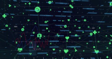 Grafiklerin, finansal verilerin ve siyah arkaplandaki simgelerin resmi. Küresel finans, ekonomi ve teknoloji kavramı dijital olarak üretilen görüntü.