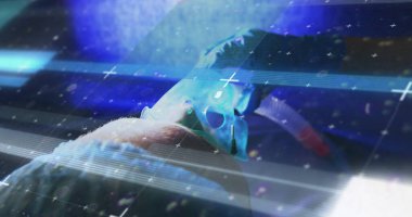 Oksijen maskeli beyaz bir hastanın veri işleme görüntüsü. Küresel tıp ve dünya, dijital olarak oluşturulan farkındalık günü kavramı.