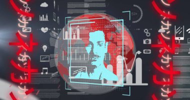 Veri işleme resimleri, simgeler, kullanıcı fotoğrafları, dünya ve Çince yazılar siyah dijital alanda. Sosyal medya, küresel ağ, veri işleme ve dijital olarak oluşturulan teknoloji konsepti.