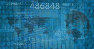 Sunucu odasının üzerindeki veri işleme ve küresinin resmi. Küresel bilim araştırmaları ve teknoloji konsepti dijital olarak oluşturulmuş görüntü.