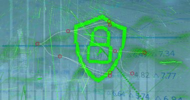 Asma kilit üzerinde veri işleme görüntüsü. Küresel iş ve dijital arayüz kavramı dijital olarak oluşturulmuş görüntü.