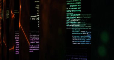 Siyah arkaplandaki veri işleme ve şekillerinin resmi. Küresel iş ve dijital arayüz kavramı dijital olarak oluşturulmuş görüntü.