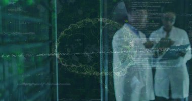 Afro-Amerikan çift sunucu odası çalışanları üzerinde veri işleme görüntüsü. Bulut hesaplama kavramı dijital olarak oluşturulmuş resim.