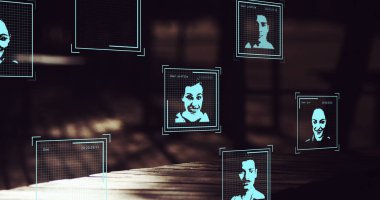 Yürüyen insanlar üzerinde veri işleme görüntüsü. Küresel bağlantılar, veri işleme ve dijital arayüz konsepti dijital olarak oluşturulmuş resim.