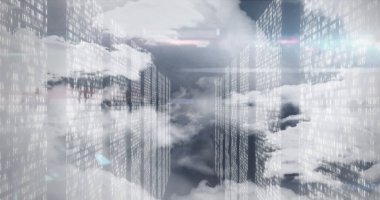 Veri işleme görüntüsü ve siyah arkaplan üzerindeki bulutlar. Küresel iş, bilgisayar ve dijital arayüz kavramı dijital olarak oluşturulmuş görüntü.