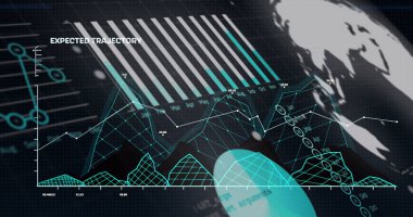 Grafiklerin, verilerin ve siyah arkaplandaki kürenin resmi. Veri işleme, bilgisayarlar, dijital ekran ve teknoloji konsepti dijital olarak oluşturulmuş görüntü.