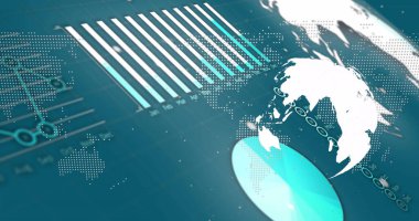 Mavi arkaplan üzerinde veri işleme ve küre resmi. küresel iş ve dijital arayüz kavramı dijital olarak oluşturulmuş görüntü.