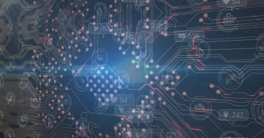 İşlemci soketi üzerine sosyal medya simgeleri. Küresel bağlantılar, veri işleme ve dijital arayüz konsepti dijital olarak oluşturulmuş resim.