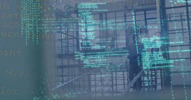 Ofisteki çeşitli iş adamlarının veri işleme görüntüsü. Küresel iş ve dijital arayüz kavramı dijital olarak oluşturulmuş görüntü.