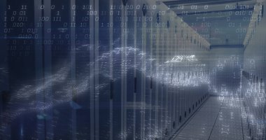 Sunucu odasında veri işleme resmi. Küresel teknoloji, bilgisayar ve dijital arayüz kavramı dijital olarak oluşturulmuş görüntü.