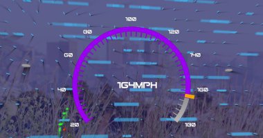 Şehir manzarası üzerinde veri işleme resmi. küresel iş ve dijital arayüz kavramı dijital olarak oluşturulmuş görüntü.