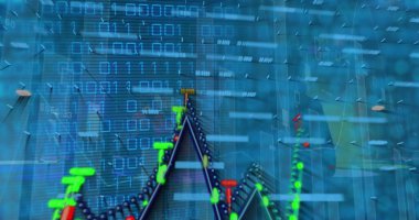 Veri işleme üzerinde finansal grafik resmi. Küresel bilim, bağlantılar, veri işleme ve dijital arayüz kavramı dijital olarak oluşturuldu.
