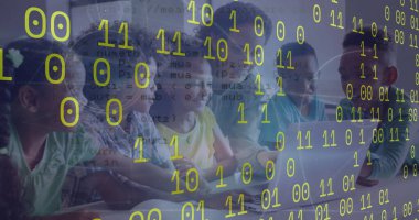 Çeşitli okul çocuklarıyla öğretmenlerin veri işleme görüntüsü. Küresel eğitim ve dijital arayüz kavramı dijital olarak oluşturulmuş görüntü.