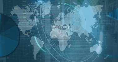 Dünya haritası üzerinde tarama ve veri işlemenin resmi. Küresel iş, bilgisayar ve dijital arayüz kavramı dijital olarak oluşturulmuş görüntü.