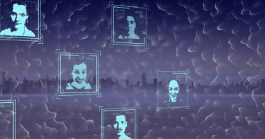 Şehir manzarası üzerinde insanların portreleriyle şekil ve veri işleme resimleri. Küresel sosyal medya, teknoloji ve dijital arayüz kavramı dijital olarak oluşturulmuş görüntü.