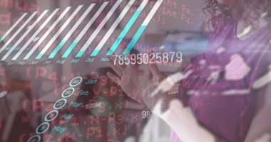 Kafkasyalı öğretmen ve çeşitli öğrencilerin veri işleme görüntüsü. Küresel eğitim ve dijital arayüz kavramı dijital olarak oluşturulmuş görüntü.