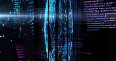 Siyah arkaplandaki veri işleme ve şekillerinin resmi. Küresel iş ve dijital arayüz kavramı dijital olarak oluşturulmuş görüntü.