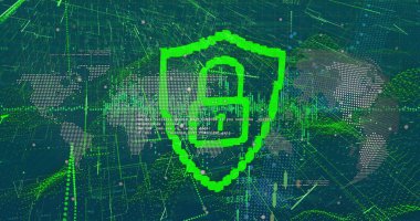 Karanlık arka planda veri işleme ve asma kilit görüntüsü. Küresel bilim, bağlantılar, veri işleme ve dijital arayüz kavramı dijital olarak oluşturuldu.