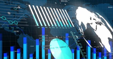 Dünya haritası ve dijital ekran üzerinde grafiklerin ve finansal verilerin resmi. Küresel iş, finans, ekonomi, ağ ve teknoloji konsepti dijital olarak oluşturulmuş görüntü.