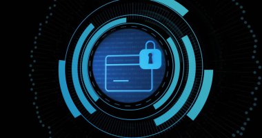 Siyah zemin üzerinde işlem çemberindeki kart ve dijital asma kilit resmi. Veri işleme, dijital güvenlik ve teknoloji konsepti dijital olarak oluşturulmuş görüntü.