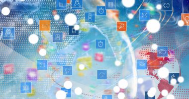 Küresel görüntü, bağlantılar ve mavi arka planda teknik simgeler. Küresel ağ, veri işleme ve dijital olarak oluşturulmuş görüntü teknolojisi kavramı.