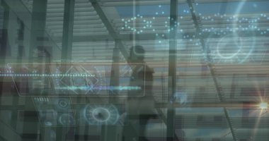 Ofiste yürüyen iş adamlarının veri işleme görüntüsü. Küresel iş ve dijital arayüz kavramı dijital olarak oluşturulmuş görüntü.