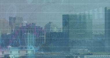 Şehir manzarası üzerindeki finansal grafiklerin ve verilerin resmi. Küresel finans, ekonomi ve iş konsepti dijital olarak oluşturulmuş imaj.