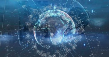 Kafkasyalı doktor yerine dijital arayüz ve küre görüntüsü. Küresel tıp, teknoloji, veri işleme ve dijital arayüz kavramı dijital olarak oluşturuldu.