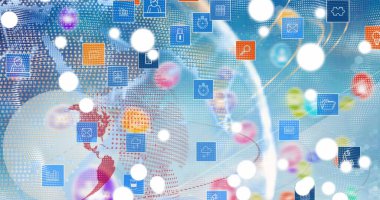 Dünyanın dört bir yanındaki medya simgelerinin görüntüleri. Küresel iş ve dijital arayüz kavramı dijital olarak oluşturulmuş görüntü.