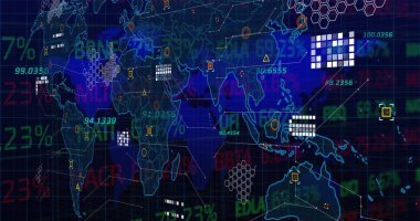 Dünya haritası üzerindeki finansal verilerin resmi ve donanma dijital uzayındaki ikonlar. Küresel iş, finans, ekonomi, ağ ve teknoloji konsepti dijital olarak oluşturulmuş görüntü.