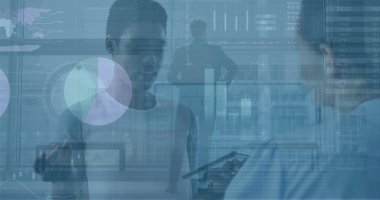 Ofisteki çeşitli kadınlar için finansal verilerin ve grafiklerin resmi. İş, finans, ekonomi, iletişim ve işbirliği konsepti dijital olarak oluşturulmuş görüntü.