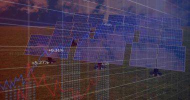 Bulutların üzerinde veri işleme ve güneş panelleri görüntüsü. Küresel iş ve dijital arayüz kavramı dijital olarak oluşturulmuş görüntü.