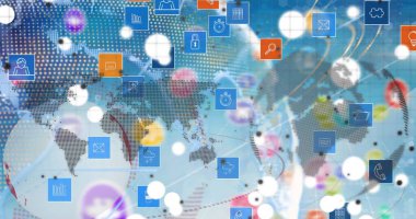 Küre görüntüsü, dünya haritası ve mavi arka planda teknik simgeler. Küresel ağ, veri işleme ve dijital olarak oluşturulmuş görüntü teknolojisi kavramı.